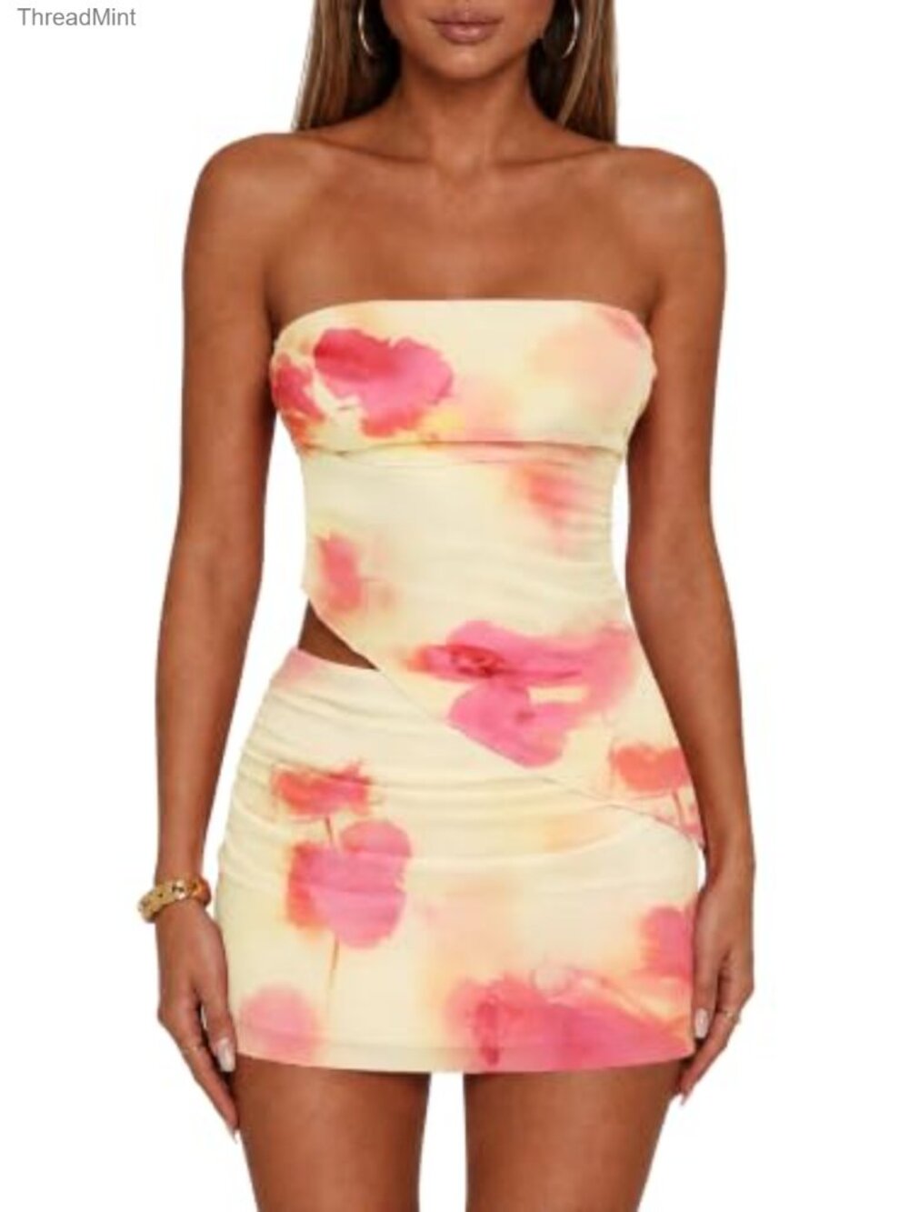 Women's Two Piece Skirt Set Summer Strapless Tube Top Asymmetrical Mesh Mini